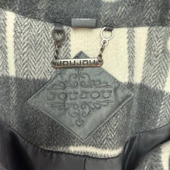 JOUJOU Women's / Junior's Plaid Button Up Belted Coat Jacket Size S White Gray - Picture 5 of 11